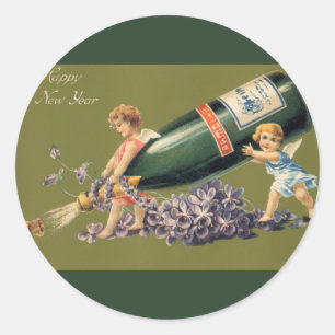 A Happy New Year, Vintage Angels with Champagne Classic Round Sticker