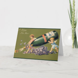 A Happy New Year, Vintage Angels with Champagne Holiday Card