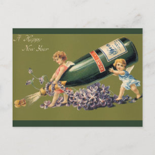 A Happy New Year, Vintage Angels with Champagne Holiday Postcard