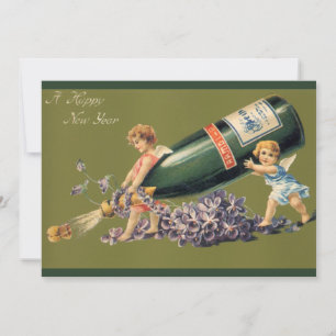A Happy New Year, Vintage Angels with Champagne Invitation