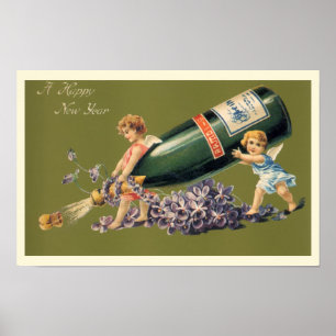 A Happy New Year, Vintage Angels with Champagne Poster