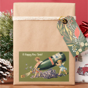 A Happy New Year, Vintage Angels with Champagne Rectangular Sticker