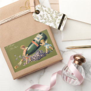 A Happy New Year, Vintage Angels with Champagne Rectangular Sticker
