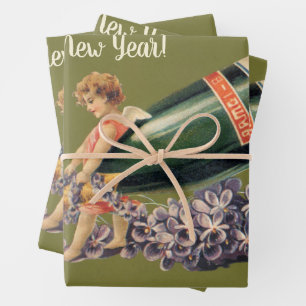 A Happy New Year, Vintage Angels with Champagne Wrapping Paper Sheet