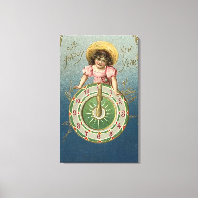 A Happy New YearGirl atop a Clock Canvas Print (Front)