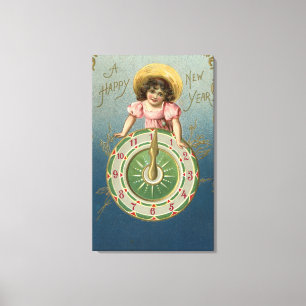 A Happy New YearGirl atop a Clock Canvas Print