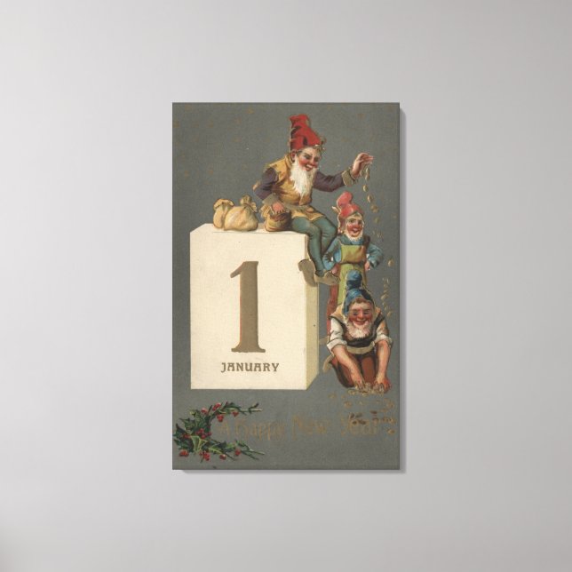 A Happy New YearGnomes Throwing Money Canvas Print (Front)
