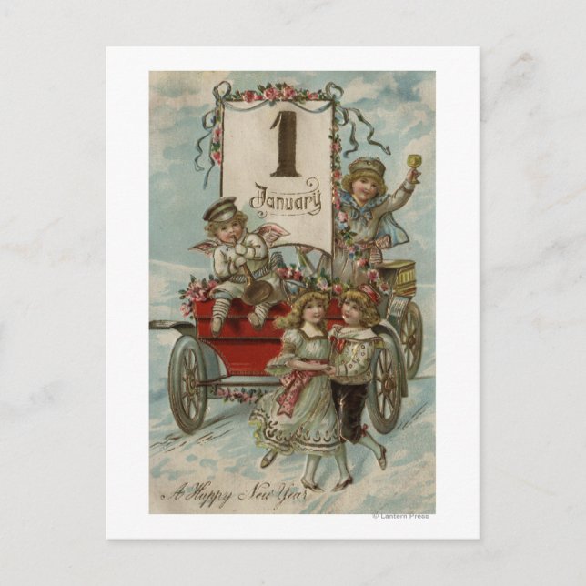 A Happy New YearKids Around a Red Wagon Holiday Postcard (Front)