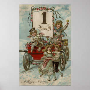 A Happy New YearKids Around a Red Wagon Poster