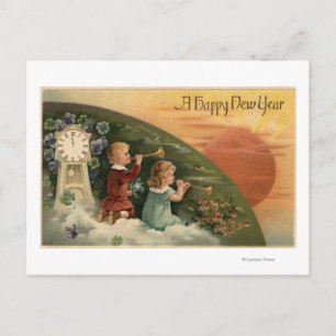 A Happy New YearKids Blowing Trumpets Holiday Postcard