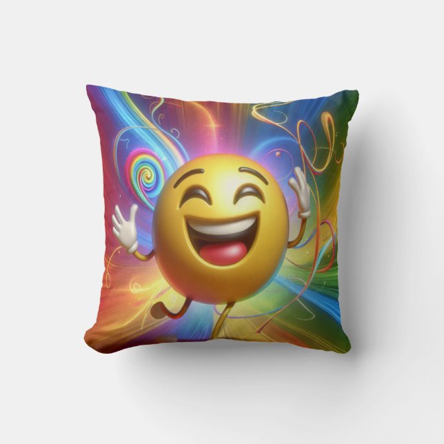 a happy smile face dancing with joy throw pillow. cushion (Front)