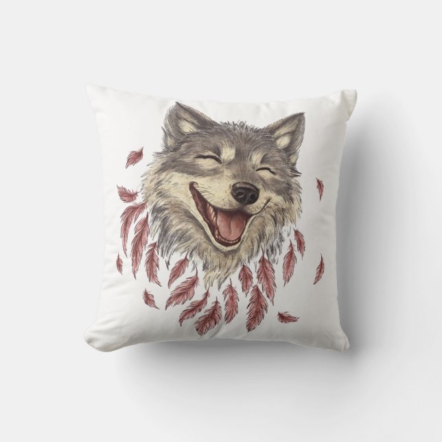 A happy smiling wolf in feathers cushion (Front)
