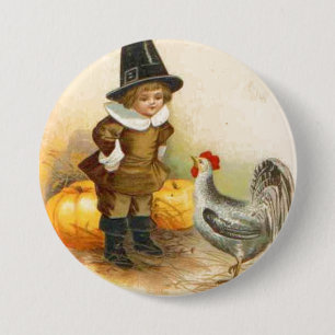 A Happy Thanksgiving Pilgrim and Plymouth Rock 7.5 Cm Round Badge