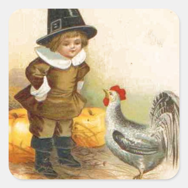 A Happy Thanksgiving Pilgrim and Plymouth Rock Square Sticker (Front)