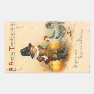 A Happy Thanksgiving Pilgrim & Plymouth Rock Rectangular Sticker