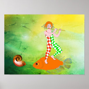 A Harlequin clown character playing a flute Poster