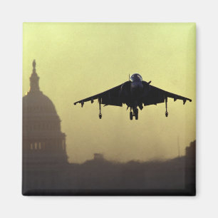 A Harrier jet landing on the Mall at dawn with Magnet