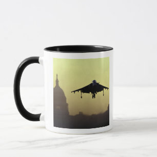 A Harrier jet landing on the Mall at dawn with Mug