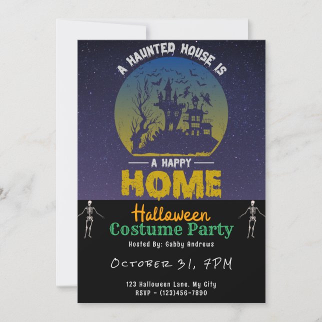 A Haunted House is a Happy Home Black Halloween Invitation (Front)