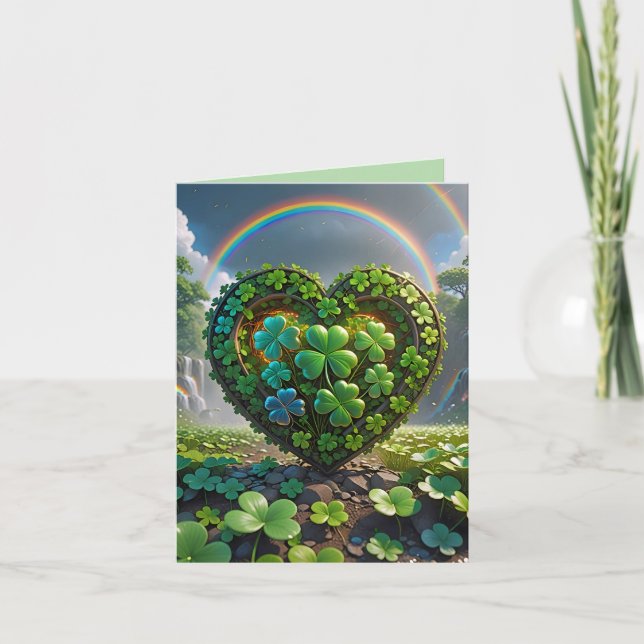A heart made of shamrocks under the rainbow holiday card (Front)