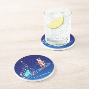 A Heartwarming Night: Santa and the Stray Cat Coaster