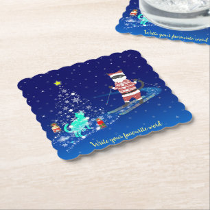 A Heartwarming Night: Santa and the Stray Cat Paper Coaster