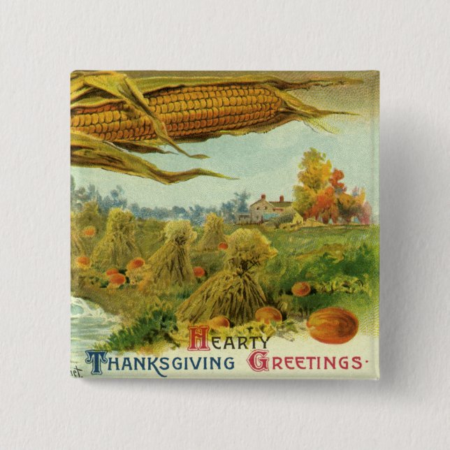 A Hearty Thanksgiving; Indian Corn and Haystacks 15 Cm Square Badge (Front)