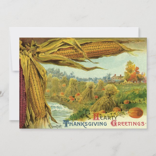 A Hearty Thanksgiving; Indian Corn and Haystacks Holiday Card (Front)