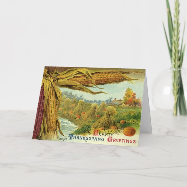 A Hearty Thanksgiving; Indian Corn and Haystacks Holiday Card (Front)