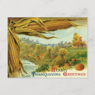 A Hearty Thanksgiving; Indian Corn and Haystacks Holiday Postcard