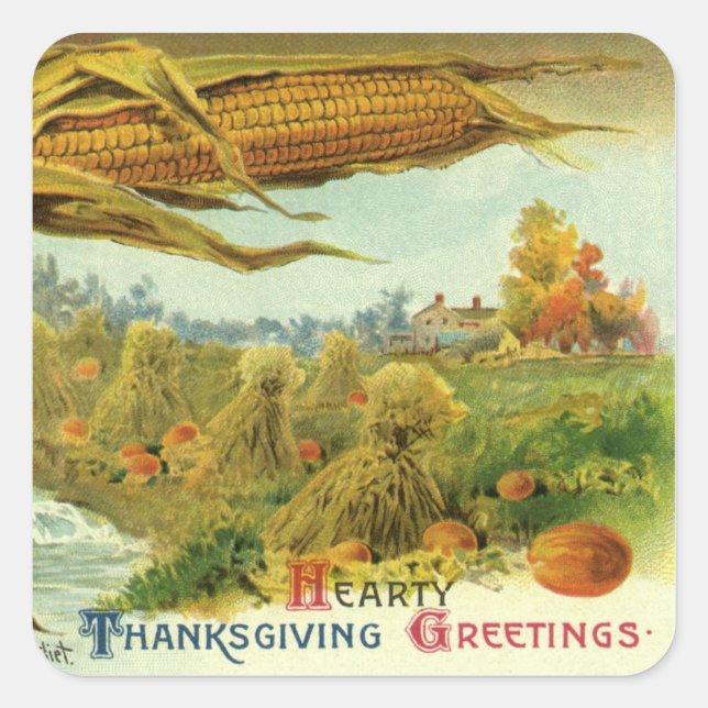 A Hearty Thanksgiving; Indian Corn and Haystacks Square Sticker (Front)