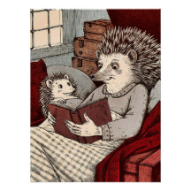 A hedgehog in a blanket reading a book to a young 