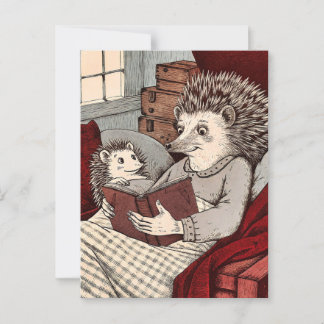 A Hedgehog in a cover reading a book at Postcard