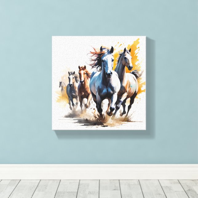 A herd Of Wild Horses Running Through A Meadow Canvas Print (Insitu(Wood Floor))