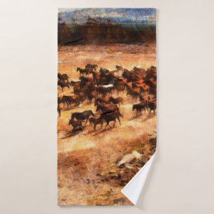 A herd of wild running horses. Artistic work on th Bath Towel