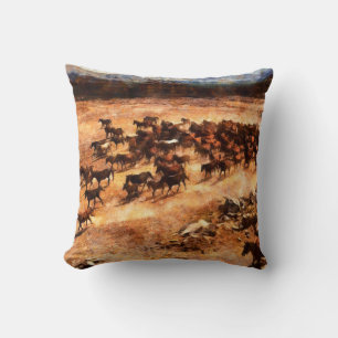 A herd of wild running horses. Artistic work on th Cushion