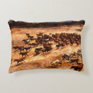 A herd of wild running horses. Artistic work on th Decorative Cushion