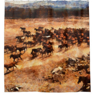 A herd of wild running horses. Artistic work on th Shower Curtain