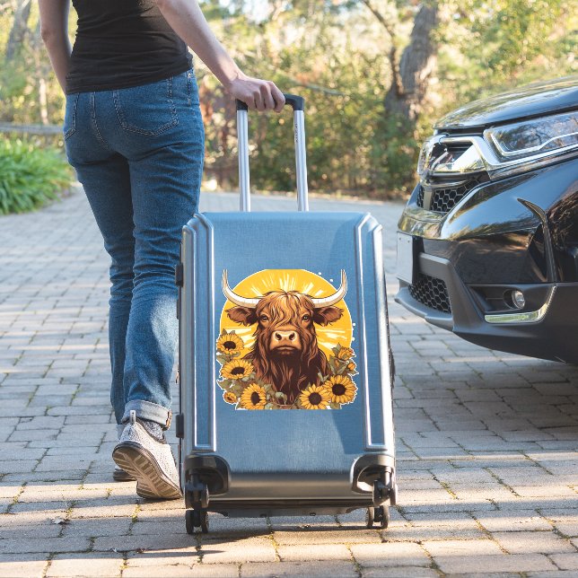 A Highland Cow Illustration with Sunflowers Classi (Suitcase Insitu)