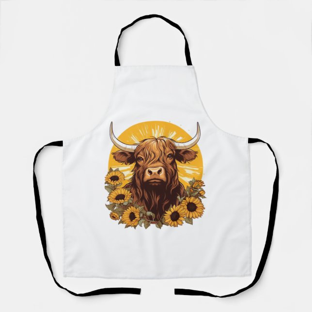 A Highland Cow Illustration with Sunflowers Classi Apron (Front)