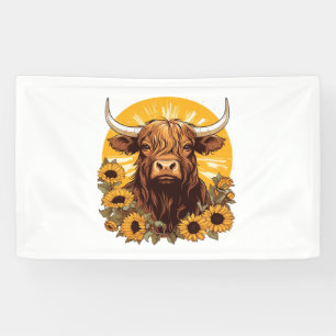 A Highland Cow Illustration with Sunflowers Classi Banner