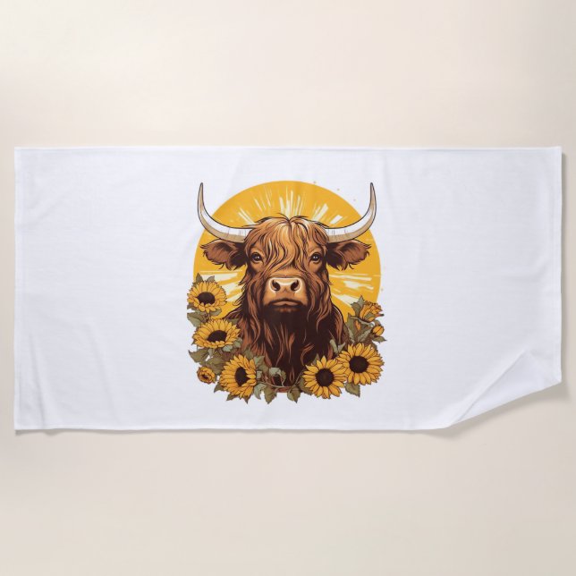 A Highland Cow Illustration with Sunflowers Classi Beach Towel (Front)