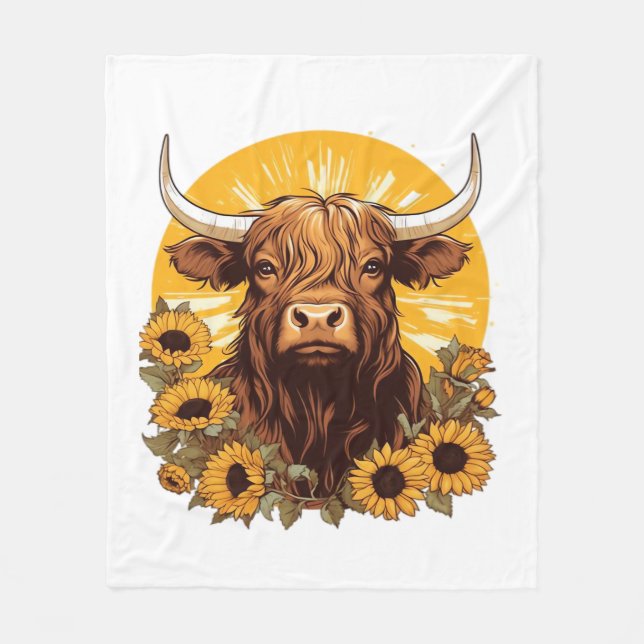 A Highland Cow Illustration with Sunflowers Classi Fleece Blanket (Front)