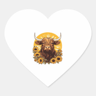 A Highland Cow Illustration with Sunflowers Classi Heart Sticker