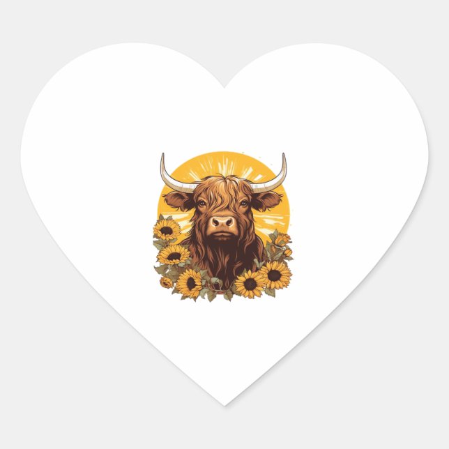 A Highland Cow Illustration with Sunflowers Classi Heart Sticker (Front)