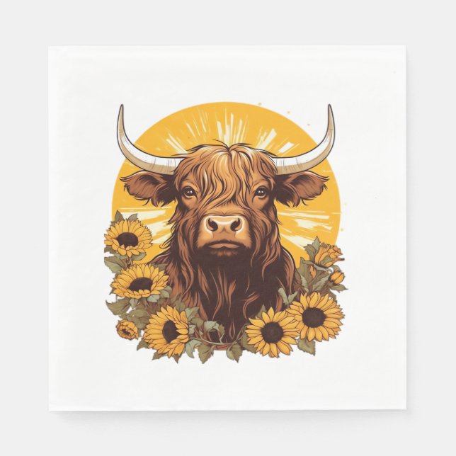 A Highland Cow Illustration with Sunflowers Classi Napkin (Front)