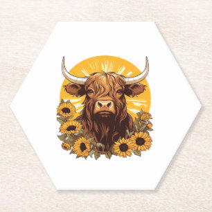 A Highland Cow Illustration with Sunflowers Classi Paper Coaster