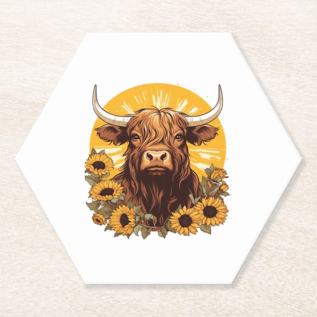 A Highland Cow Illustration with Sunflowers Classi Paper Coaster (Front)