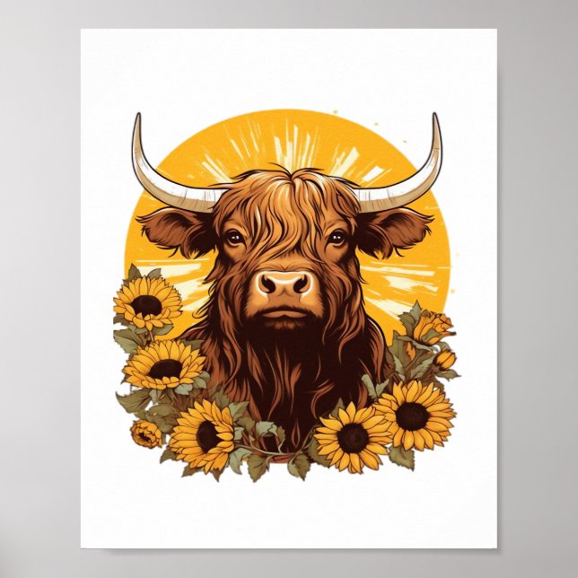 A Highland Cow Illustration with Sunflowers Classi Poster (Front)