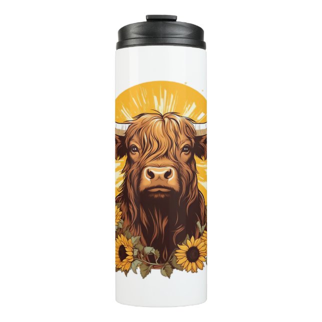 A Highland Cow Illustration with Sunflowers Classi Thermal Tumbler (Front)